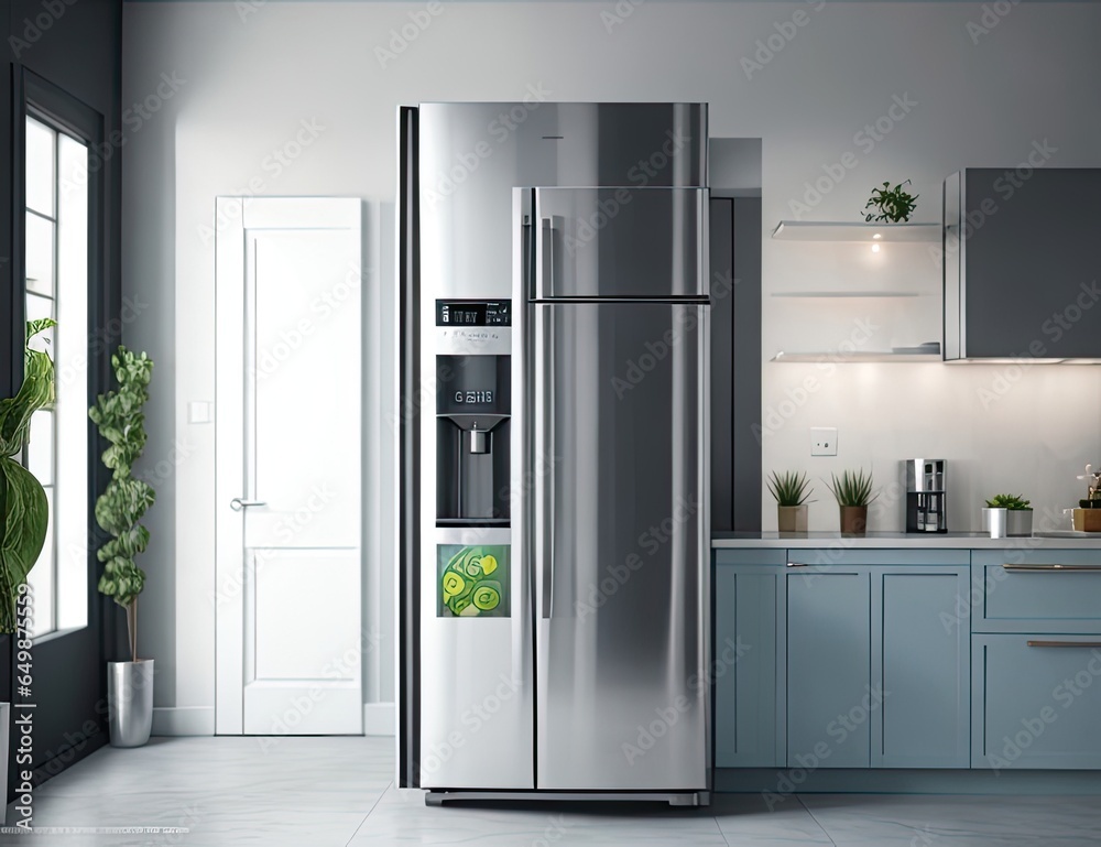 Modern kitchen interior with fridge. Mock up, 3D Rendering Modern kitchen interior with fridge. Mock up, 3D Rendering