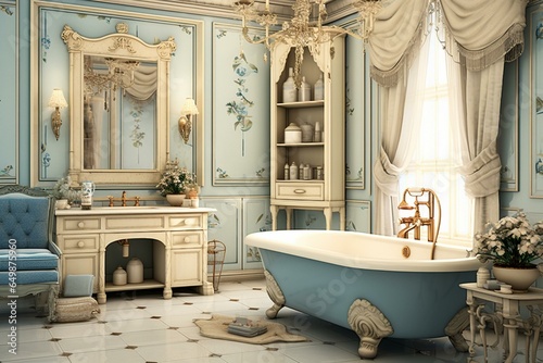 Vintage blue and beige bathroom. Generative AI