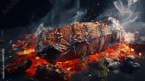 Cooked steak on hot coals
