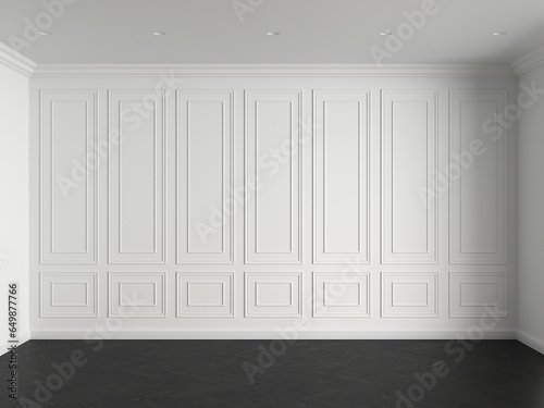3d render of white interior with panels on wall and dark wood on floor illustration