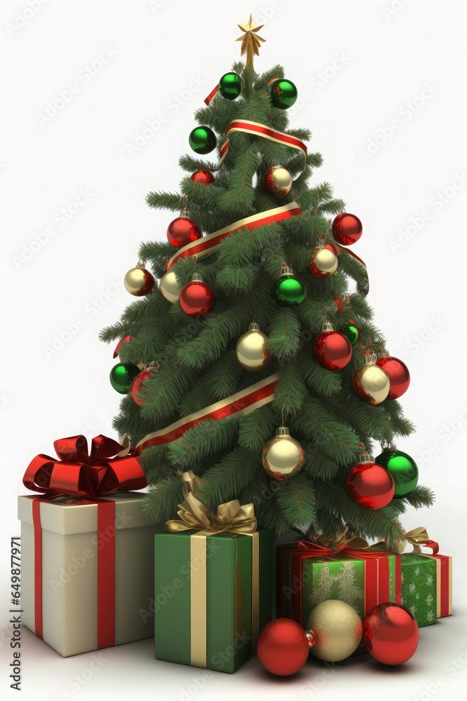 Illustration of a decorated Christmas tree with gifts on white. 