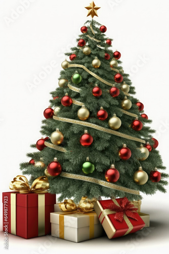 Christmas tree with festive ornaments and wrapped presents. 