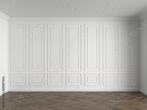 Fototapeta Naklejka Na Ścianę i Meble -  3d render of white interior with panels on wall and wood on floor illustration