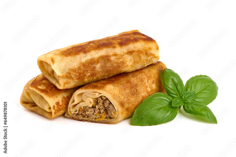 Savory pancake rolls stuffed with ground meat, isolated on white background. High resolution image. - obrazy, fototapety, plakaty 