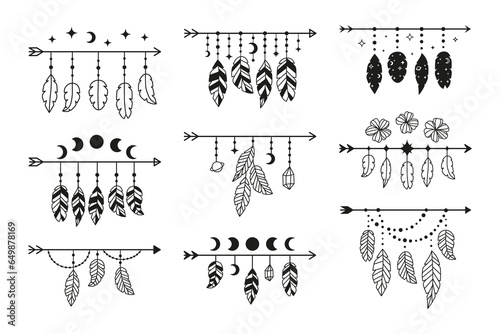 Set of boho arrows with stylized bird feathers.