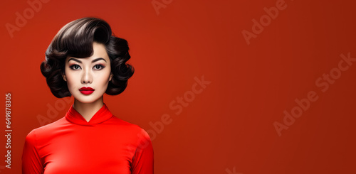 Woman with retro hairstyle and dress, studio portrait banner copy space on side. Generative AI