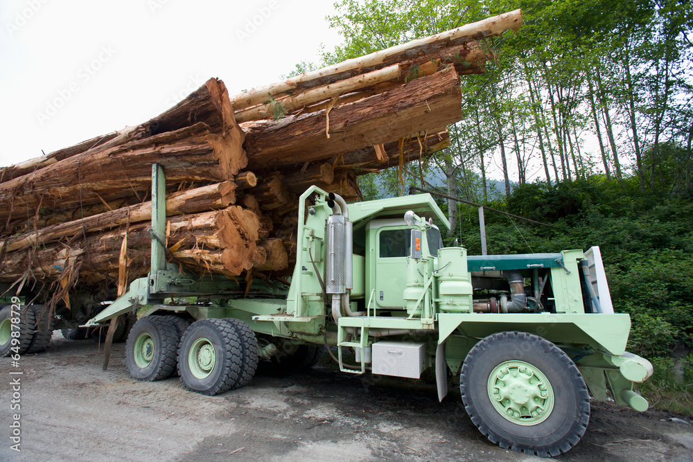 A Logging Truck Stacked With Cedar Logs Sits Near Cougar Annie's Garden; Boat Basin, Vancouver Island, British Columbia, Canada A Logging Truck Stacked With Cedar Logs Sits Near Cougar Annie's Garden; Boat Basin, Vancouver Island, British Columbia, Canada