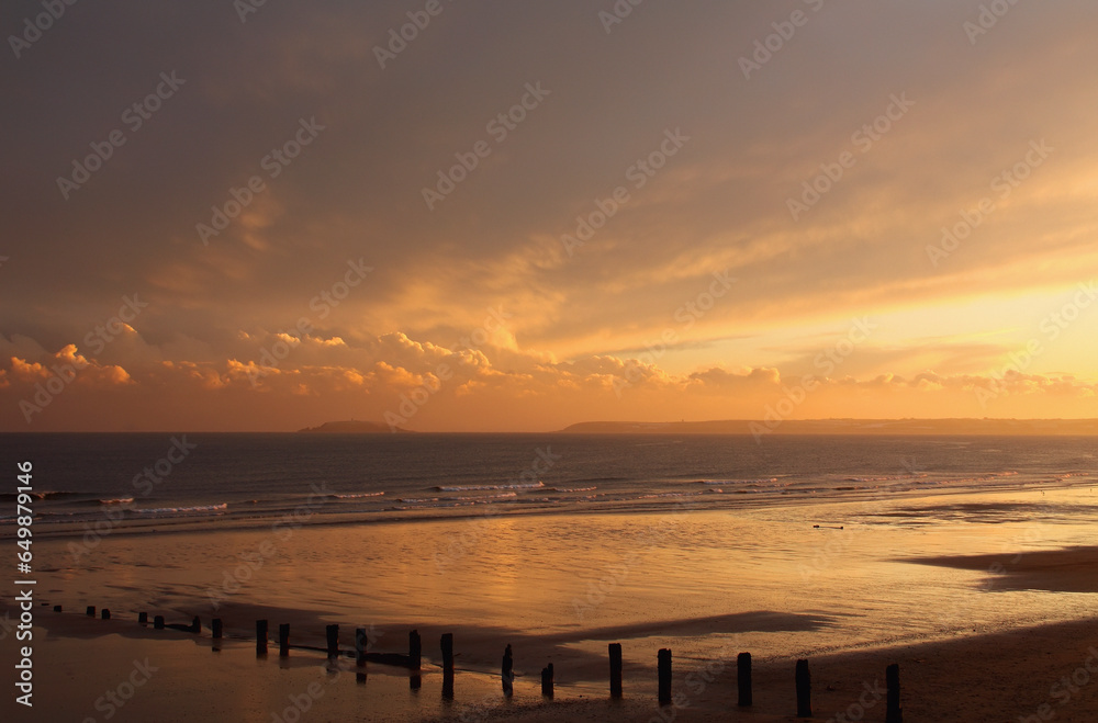 Sunset Over Beach In Winter; Youghal Beach, East Cork, Ireland