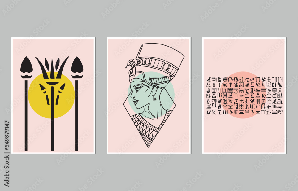 Egyptian queens with Lotus flower, Egyptian hieroglyphics, creative freehand composition in contemporary abstract style with colorful geometric elements. Tempura design for print, canvas, poster Egyptian queens with Lotus flower, Egyptian hieroglyphics, creative freehand composition in contemporary abstract style with colorful geometric elements. Tempura design for print, canvas, poster