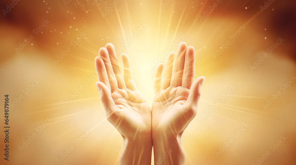 Openpalmed human hands symbolize worship and devotion, as they seek