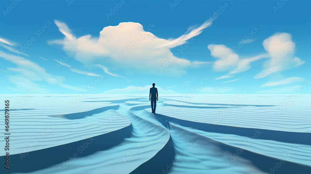 An artistic depiction of a man leisurely walking along a beach sandwiched between two vibrant oceans, symbolizing an abstract and dreamlike pathway..