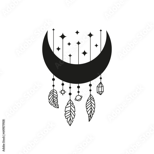 Boho moon with feathers, crystal, planet and stars.