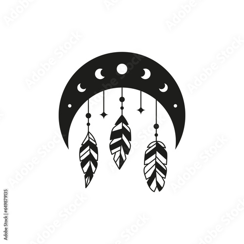 Boho crescent with feathers, moon phases and stars.