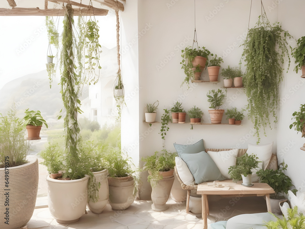 Chalk-colored rustic house full of plants pots