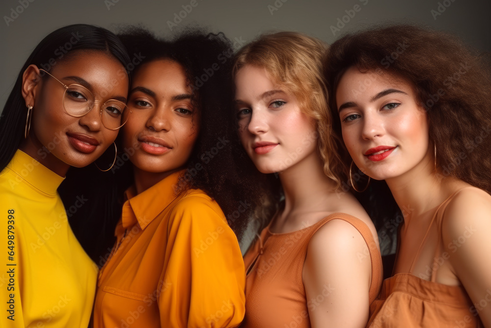 Portrait of beautiful multi ethnic happy women, mixed race beauty, caucasian and afro girls posing together Portrait of beautiful multi ethnic happy women, mixed race beauty, caucasian and afro girls posing together