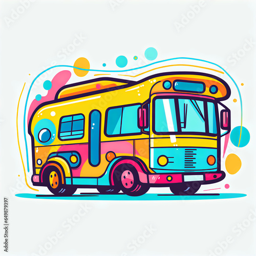 Whimsical Bus Illustration in Colorful, Sleek and Stylized Minimal Lines
