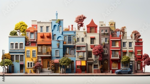 A house with a colorful facade, in the style of contemporary art, terraced cityscapes, light maroon and beige. © Muzaffer Stock