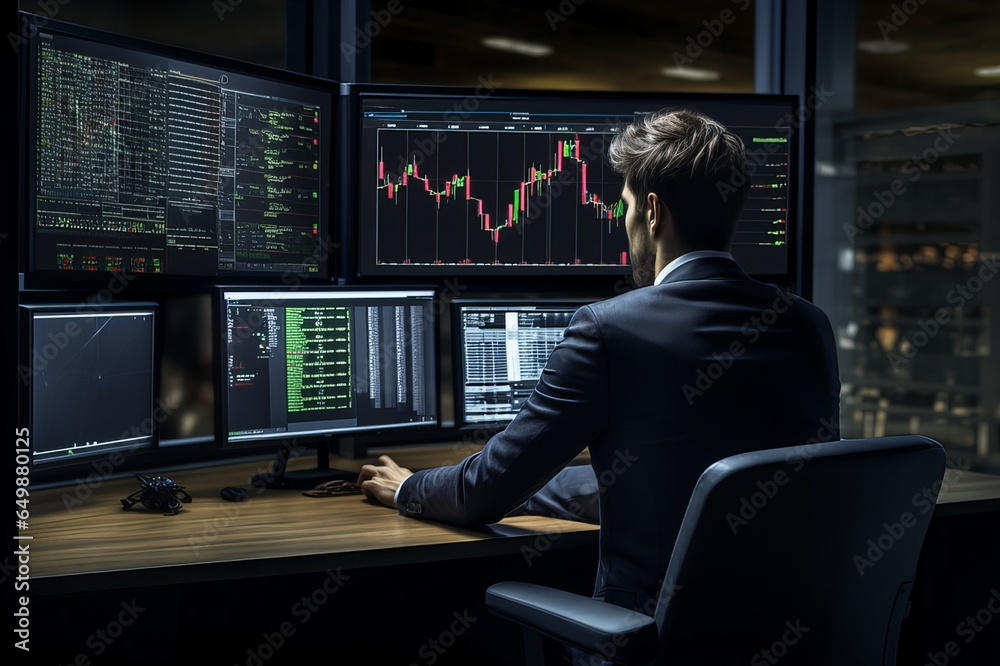 Focused Trader Analyzing Stock Data on Office Screen
