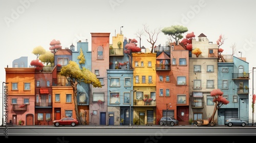 A house with a colorful facade, in the style of contemporary art, terraced cityscapes, light maroon and beige. © Muzaffer Stock