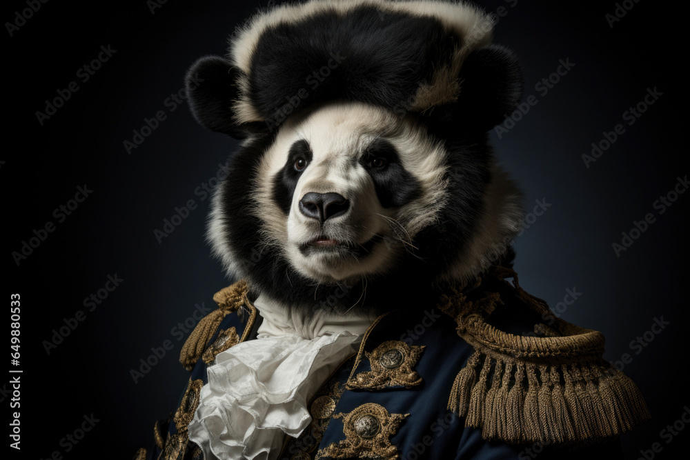 Obraz premium Humanised animals concept. funny character personage. humanized panda in suit and tie on dark background. historical portraits
