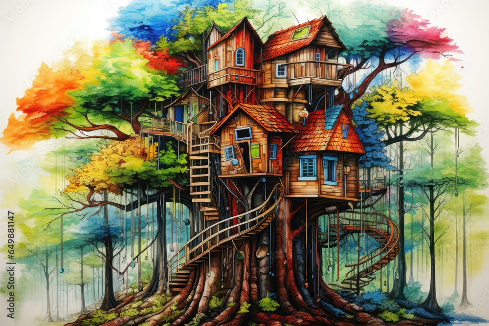 Treehouse Nestled In Forest Painted With Crayons
