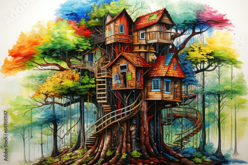 Treehouse Nestled In Forest Painted With Crayons © Anastasiia