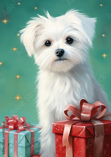closeup white dog red bow gift brushwork unopened drawing holding