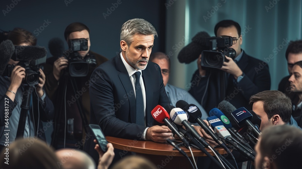 intensity of a press conference as a public speaker addresses a television camera, conveying vital information to the world. - obrazy, fototapety, plakaty 