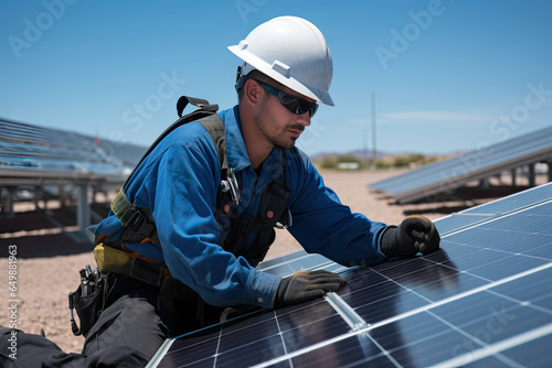 Trabajadores fotovoltaicos con paneles solares captan la energía del sol y la convierten en electricidad, una solución sostenible para el futuro. © Fabian