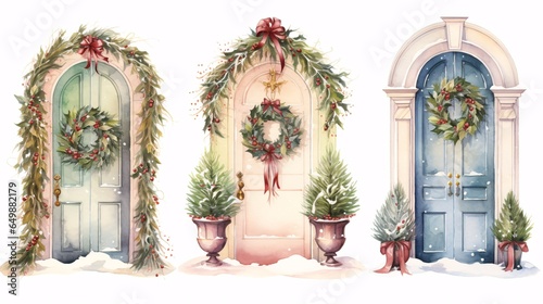 Christmas home decoration set, Christmas wreath on the door in winter, art illustration painted with watercolors isolated on white background