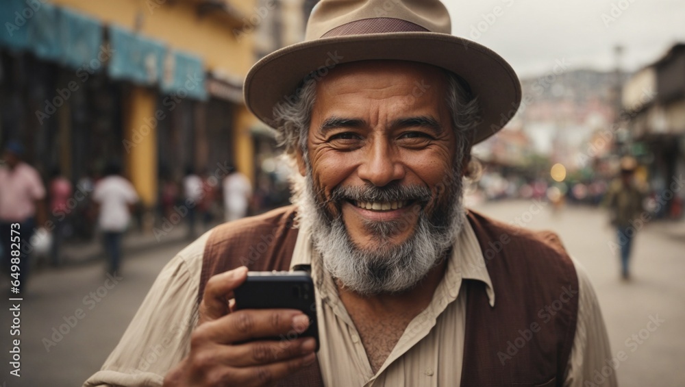 colombian old man with notebook phone colombian old man with notebook phone