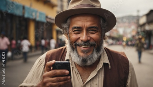 colombian old man with notebook phone photo