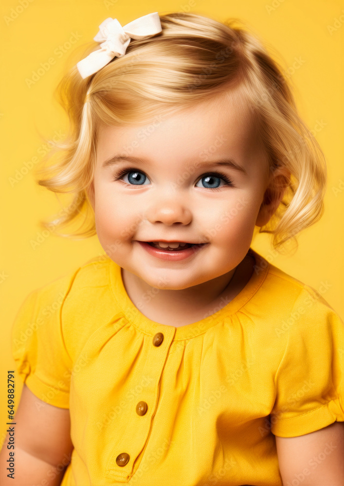 Blond baby girl in yellow clothes on a conceptual yellow background for frame