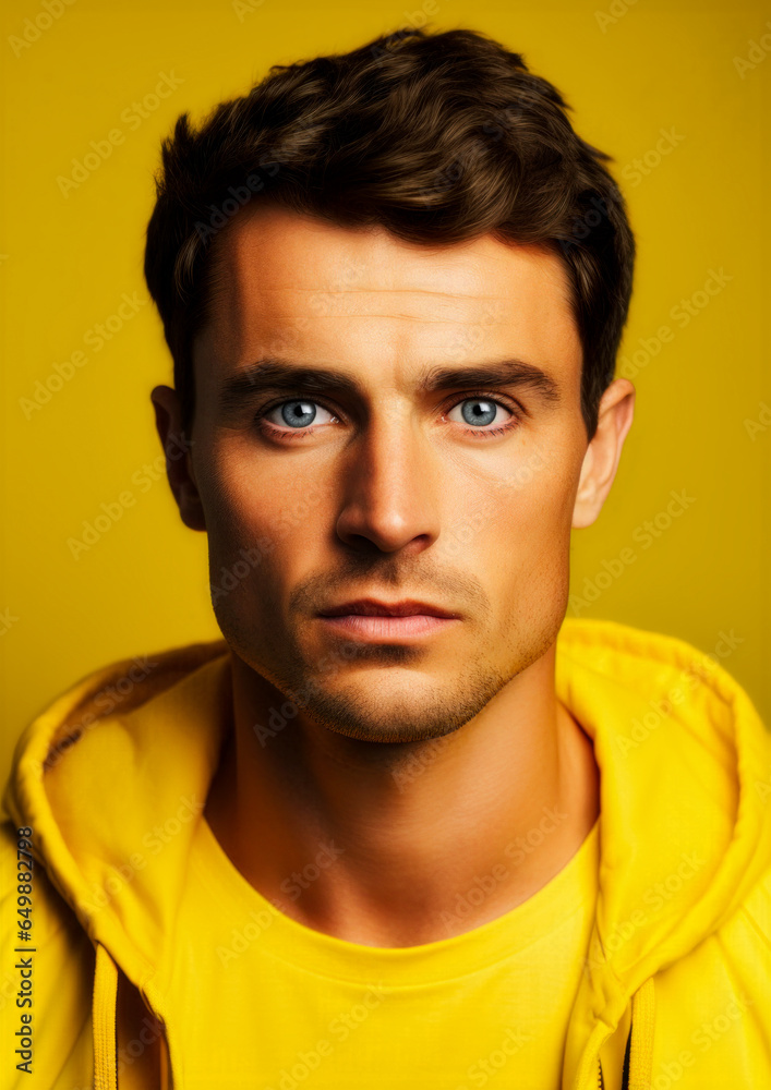 Brunette man in yellow clothes on conceptual yellow background for frame