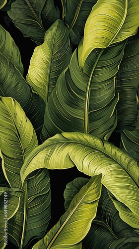 closeup green leaves banana trees illustration safari amazonian background gold butcher design milk flume