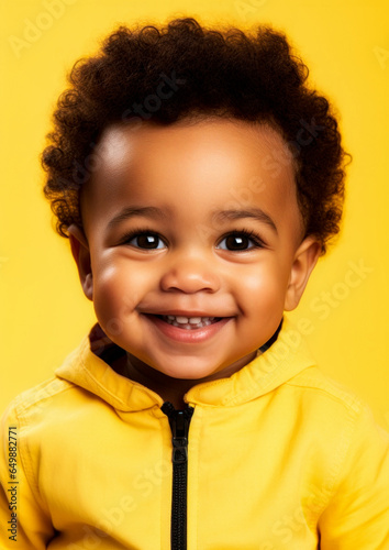 Obraz na płótnie Black baby girl in yellow clothes on a conceptual yellow background for frame w salonie