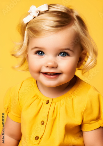 Obraz na płótnie Blond baby girl in yellow clothes on a conceptual yellow background for frame w salonie