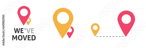 We have moved new office address location icon vector graphic illustration, guide map pin pointer or store shop design, moved place route position navigation marker image clipart set