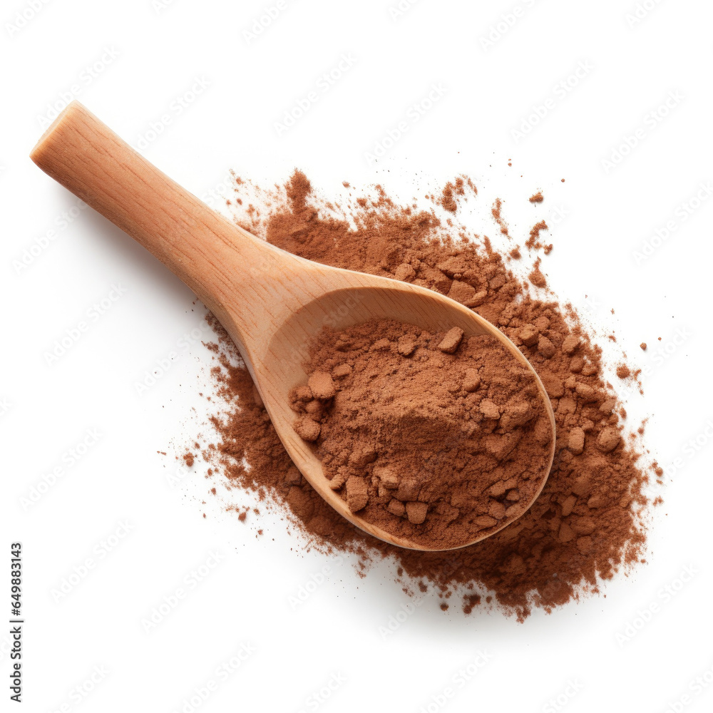 A Wooden Spoon of Cocoa Powder Isolated on a White Background A Wooden Spoon of Cocoa Powder Isolated on a White Background
