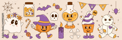 Groovy retro halloween sticker set. Retro cartoon characters and halloween elements. Comic mascots