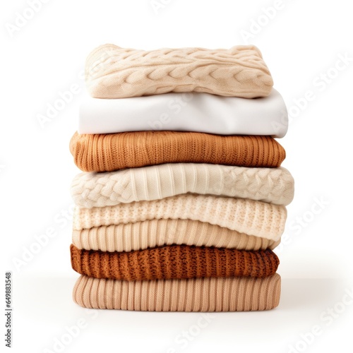 Stack of knitted cozy autumn sweaters and blankets, watercolor on white background
