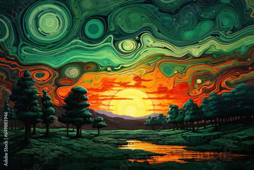 malachite landscape with sunset. 