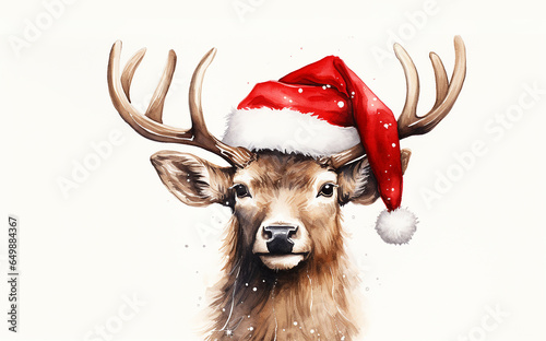 Picture of colored drawing of christmas reindeer wearing santa hat. Concept Christmas card.Close up.Copy space.Generative AI