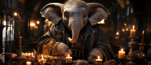 A studious elephant as a scholar wearing traditional academic robes sitting in an ancient library fine details realistic surrounded by ancient scrolls and books candlelight focused and serene