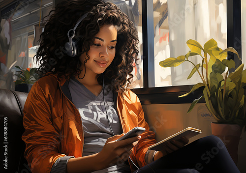 Happy young latin woman sitting on sofa holding mobile phone using cellphone technology doing ecommerce shopping, buying online, texting messages relaxing on couch in cozy living room at home.