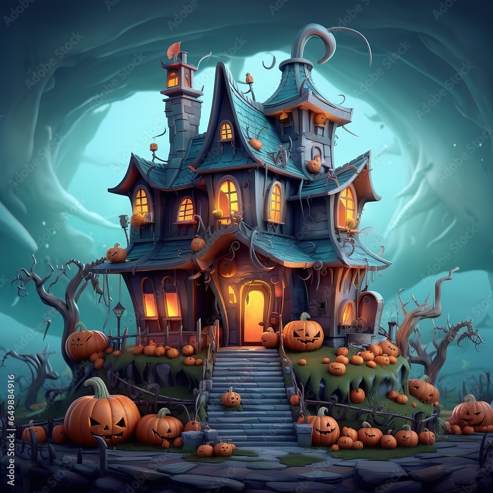 Spooky Halloween house, creepy Halloween mansion, in dark forest
