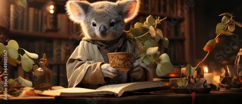 A studious koala as a scholar wearing traditional academic robes perched on a bookshelf in a eucalyptus-themed library fine details realistic surrounded by ancient scrolls and eucalyptus-scented 