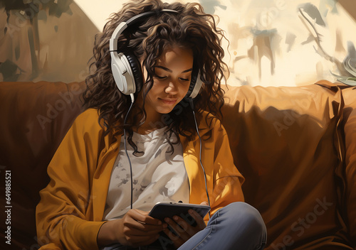 Happy young latin woman sitting on sofa holding mobile phone using cellphone technology doing ecommerce shopping, buying online, texting messages relaxing on couch in cozy living room at home.