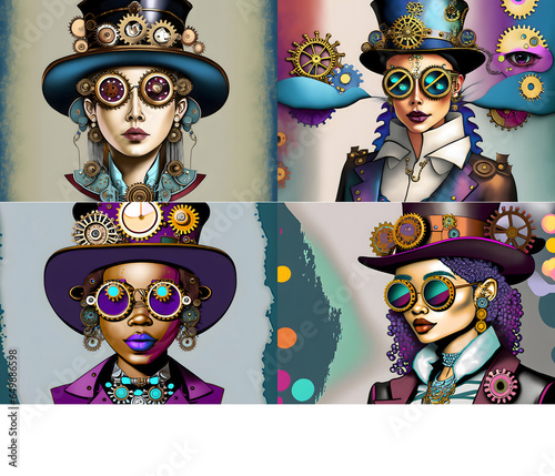 4 steampunk girls, illustrations, set photo