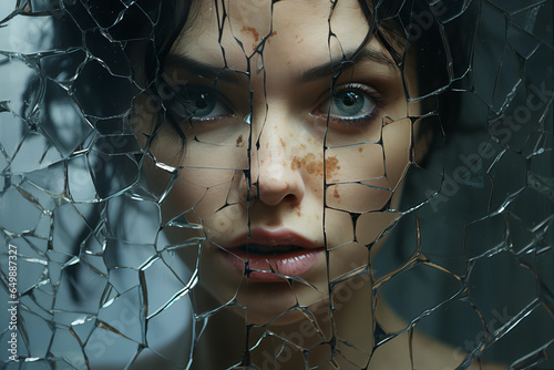 Beautiful Girl Head Shot with Broken Glass on Face